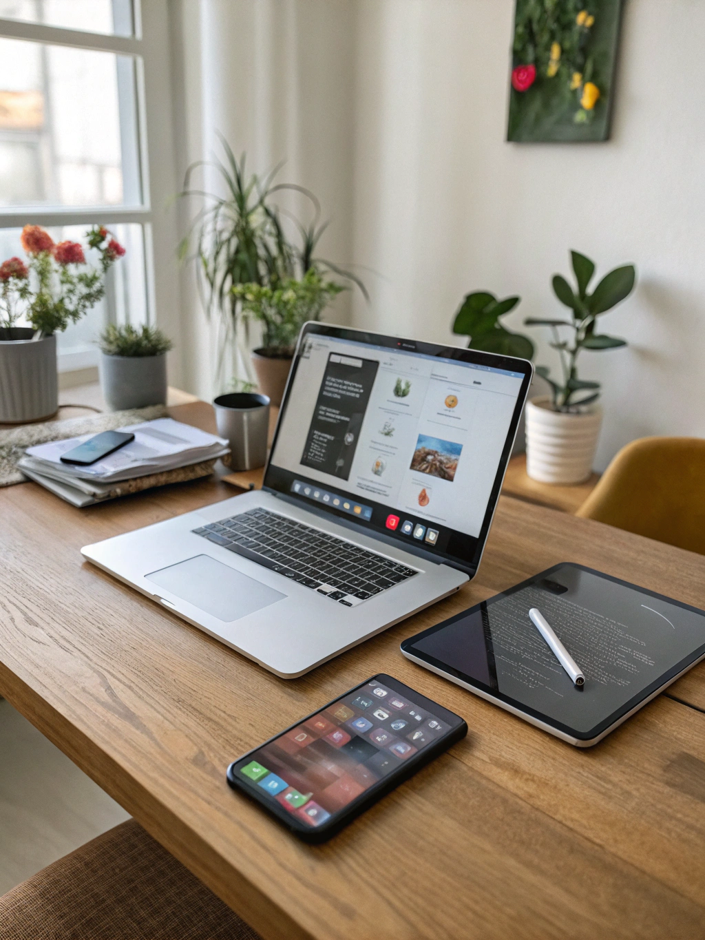 Casual remote work setup with a laptop and phone